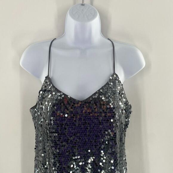 Express Mini Dress Sequin Sz S Metallic Silver Spaghetti Strap Racer Back Party - Picture 11 of 13